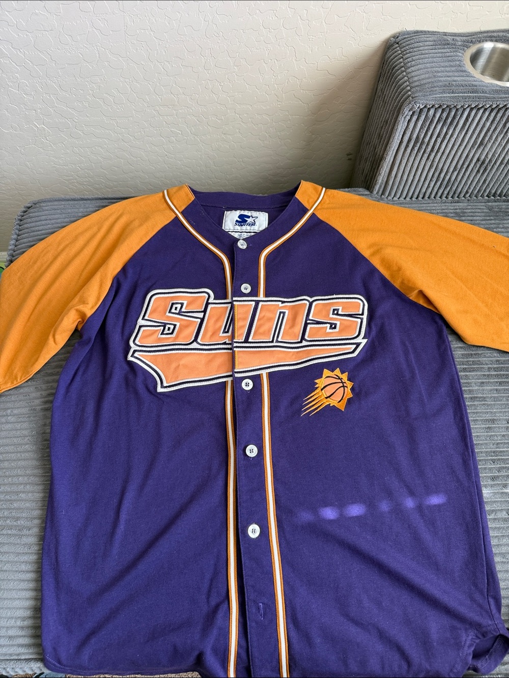 RETRO PHOENIX SUNS STARTER Purple and Orange Baseball Jersey with Stripe Trim